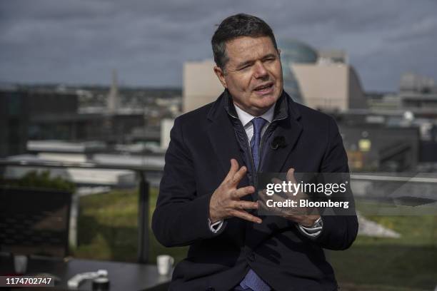 Paschal Donohoe, Ireland's finance minister, gestures while speaking during a Bloomberg Television interview in Dublin, Ireland, on Wednesday, Oct....