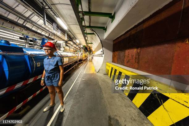 Visitor is seen inside the LHC tunnels during the Open Days at the CERN particle physics research facility on September 14, 2019 in Meyrin,...