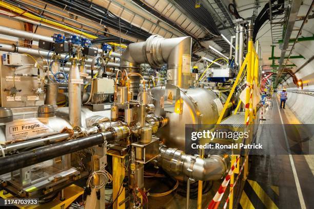 Part of complex Large Hadron Collider is seen underground during the Open Days at the CERN particle physics research facility on September 14, 2019...