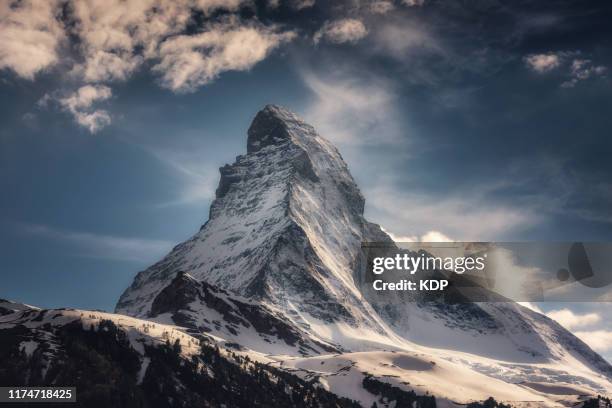 the matterhorn mountain, zermatt, switzerland, landscape natural scenery of matterhorn mountain peak at daylight. scenics nature outdoors of swiss alps, explore destination and europe travel vacation - bergspets bildbanksfoton och bilder