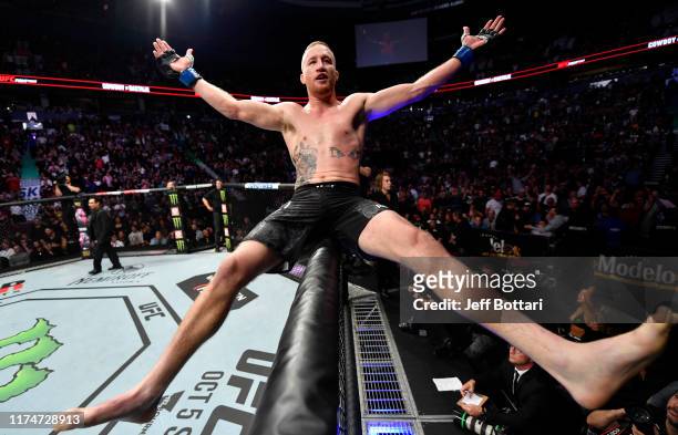 Justin Gaethje celebrates after defeating Donald Cerrone in their lightweight bout during the UFC Fight Night event at Rogers Arena on September 14,...