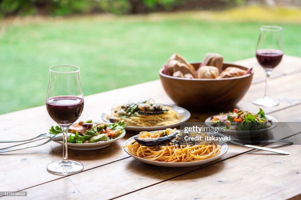 Lunch cource on wooden table