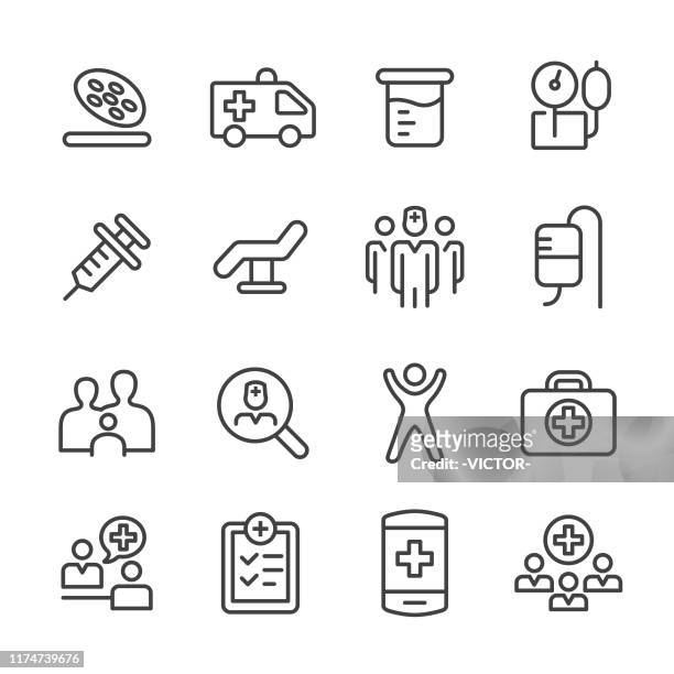 medical and healthcare icons set - line series - emergency services vehicle stock illustrations