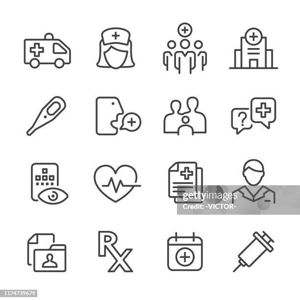 ilustraciones, imágenes clip art, dibujos animados e iconos de stock de icono de salud y medicina - serie de líneas - asistente sanitario