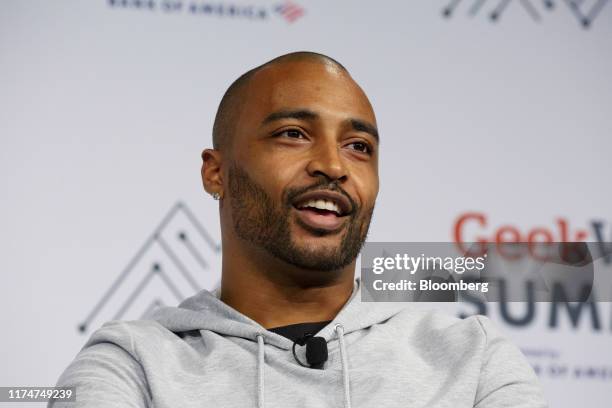 Doug Baldwin, former wide receiver of the National Football League Seattle Seahawks, speaks during the GeekWire Summit in Seattle, Washington, U.S.,...