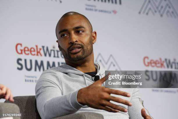 Doug Baldwin, former wide receiver of the National Football League Seattle Seahawks, speaks during the GeekWire Summit in Seattle, Washington, U.S.,...