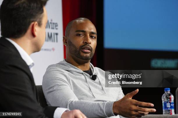 Doug Baldwin, former wide receiver of the National Football League Seattle Seahawks, speaks during the GeekWire Summit in Seattle, Washington, U.S.,...