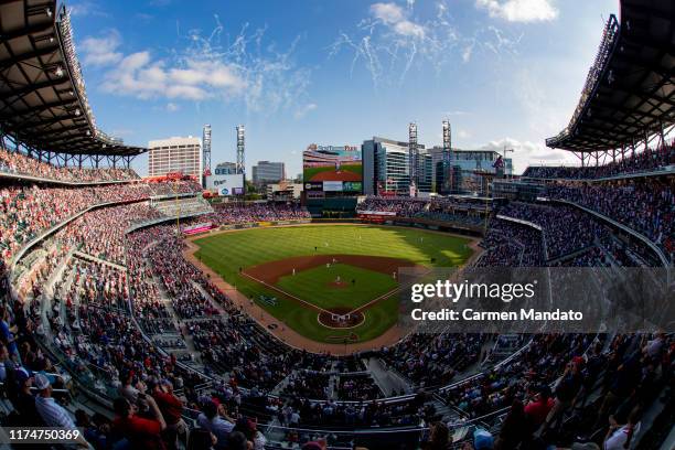 General view during the first inning of Game Five of the National League Division Series between the Atlanta Braves and the St. Louis Cardinals at...