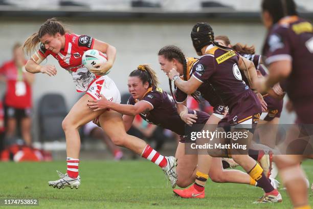 Jessica Sergisr of the Dragons makes a break during the round one NRLW match between the St George Illawarra Dragons and the Brisbane Broncos at...