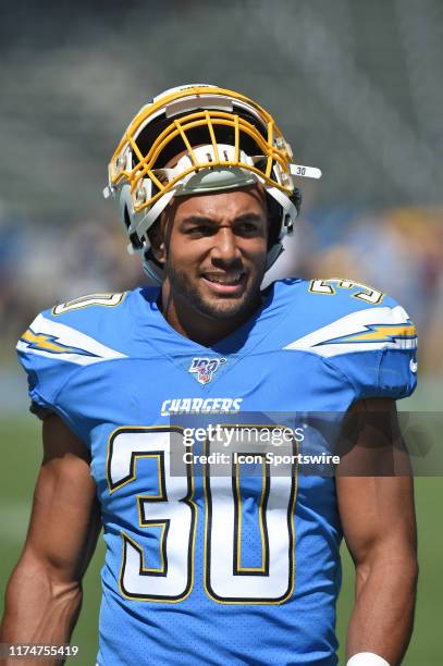 Los Angeles Chargers Running Back Austin Ekeler looks on during an NFL game between the Denver Broncos and the Los Angeles Chargers on October 06 at...