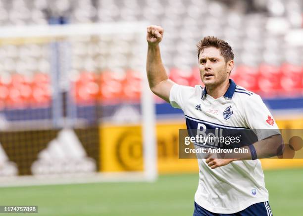 Actor Jensen Ackles scores a goal during the Vancouver Whitecaps FC Legends And Stars Charity Soccer Match at BC Place on September 14, 2019 in...