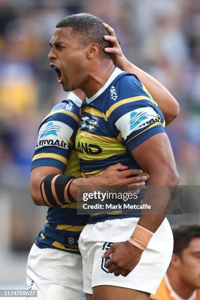 Michael Jennings of the Eels celebrates scoring a try during the NRL Elimination Final match between the Parramatta Eels and the Brisbane Broncos at...