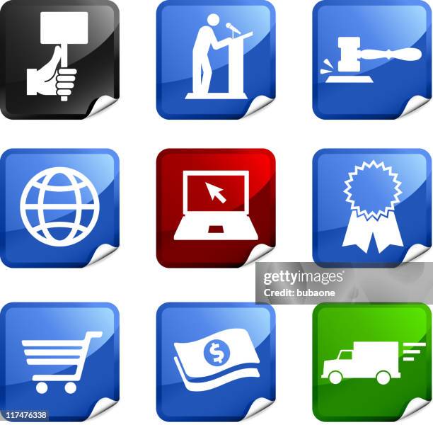 online auction and e-commerce nine royalty free vector icon set - gavel computer stock illustrations