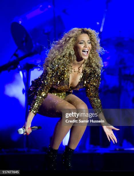 Beyonce headlines the Pyramid Stage at the Glastonbury Festival at Worthy Farm, Pilton on June 26, 2011 in Glastonbury, England. The festival, which...