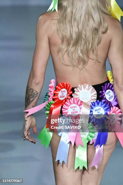 Model walks the runway at the Pam Hogg Ready to Wear Spring/Summer 2020 fashion show during London Fashion Week September 2019 at Victoria House on...