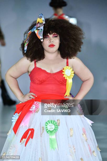 Model walks the runway at the Pam Hogg Ready to Wear Spring/Summer 2020 fashion show during London Fashion Week September 2019 at Victoria House on...