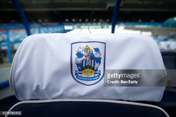 The crest of Huddersfield Town on the dugout seating ahead of the Sky Bet Championship match between Huddersfield Town and Sheffield Wednesday at...