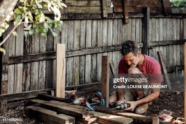 dad builds a raised vege garden - home renovations australia stock pictures, royalty-free photos & images