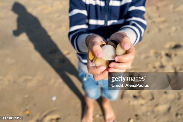 little boy recoge guijarros coloridos en la playa, manos de cerca - china games day 1 fotografías e imágenes de stock