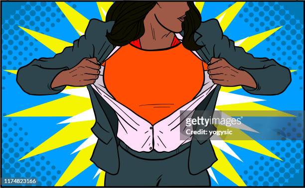 vector pop art black female superhero costume change illustration - all shirts stock illustrations