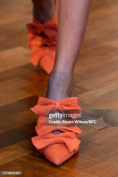 Model, detail, walks the runway at the Osman show during London Fashion Week September 2019 on September 15, 2019 in London, England.