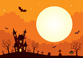 Halloween background with castle and full moon