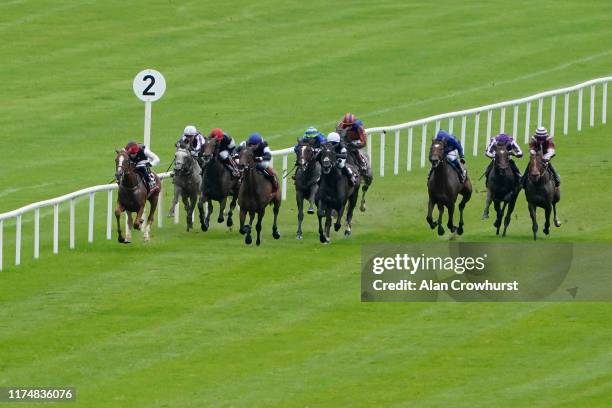 Chris Hayes riding Search For A Song win The Comer Group International Irish St. Leger at Curragh Racecourse on September 15, 2019 in Kildare,...