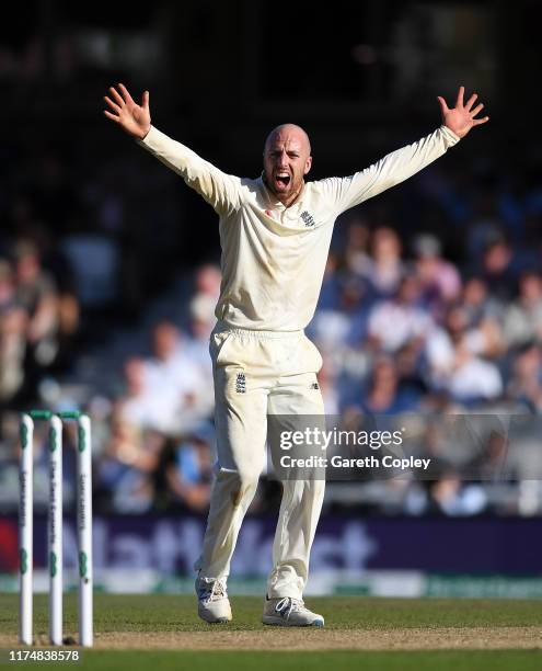 Jack Leach of England successfully appeals for the wicket of Tim Paine of Australia during day four of the 5th Specsavers Ashes Test between England...