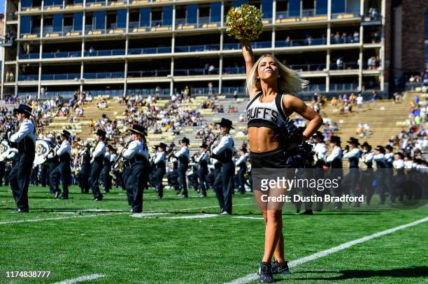 Colorado Buffaloes cheerleader performs before a game between the Colorado Buffaloes and the Air Force Falcons at Folsom Field on September 14, 2019...
