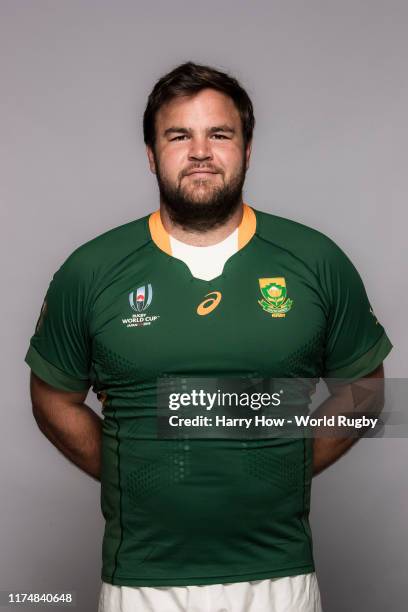 Frans Malherbe of South Africa poses for a portrait during the South Africa Rugby World Cup 2019 squad photo call on September 15, 2019 in Tokyo,...