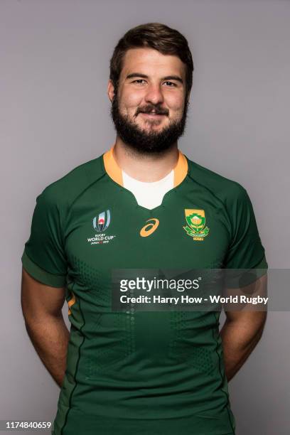 Lood de Jager of South Africa poses for a portrait during the South Africa Rugby World Cup 2019 squad photo call on September 15, 2019 in Tokyo,...