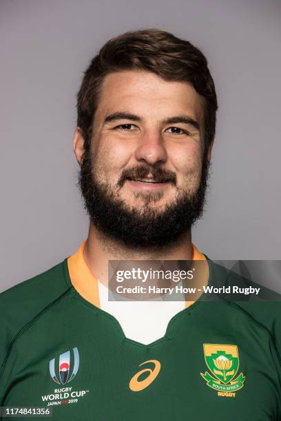 Lood de Jager of South Africa poses for a portrait during the South Africa Rugby World Cup 2019 squad photo call on September 15, 2019 in Tokyo,...