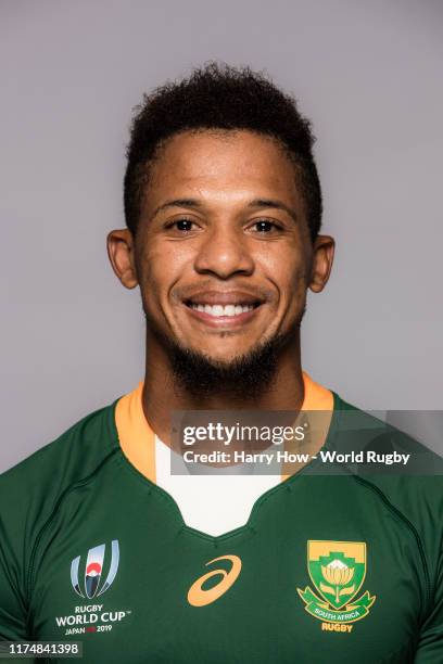 Elton Jantjies of South Africa poses for a portrait during the South Africa Rugby World Cup 2019 squad photo call on September 15, 2019 in Tokyo,...