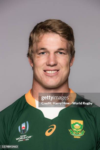 Pieter-Steph Du Toit of South Africa poses for a portrait during the South Africa Rugby World Cup 2019 squad photo call on September 15, 2019 in...