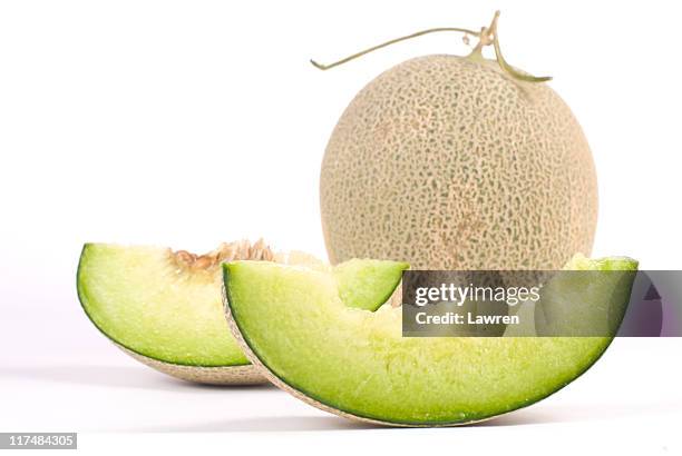 fresh, juicy cantaloupe melon with slices - melão imagens e fotografias de stock