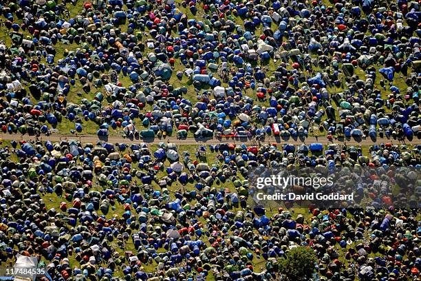 An aerial view of the Glastonbury Festival site at Worthy Farm in Pilton on June 26, 2011 in Glastonbury, England. The festival, which started in...