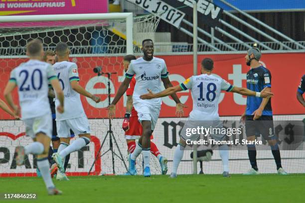 Salif Sane of Schalke celebrates scoring his teams first goal during the Bundesliga match between SC Paderborn 07 and FC Schalke 04 at Benteler Arena...