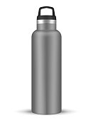Vacuum insulated water bottle with carry handle, realistic vector mockup. Stainless steel shiny metal sport flask, template