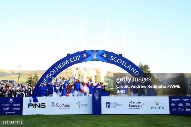 Team Europe celebrate winning the Solheim Cup during the final day singles matches of the Solheim Cup at Gleneagles on September 15, 2019 in...