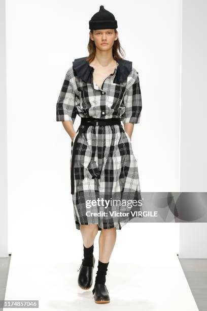 Model walks the runway at the Margaret Howell Ready to Wear Spring/Summer fashion show during London Fashion Week September 2019 on September 15,...