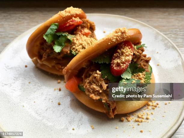 two pork bao buns - bao bun stock pictures, royalty-free photos & images