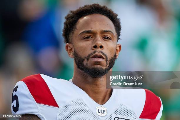 DeVier Posey of the Montreal Alouettes on the sideline before the game between the Montreal Alouettes and the Saskatchewan Roughriders at Mosaic...