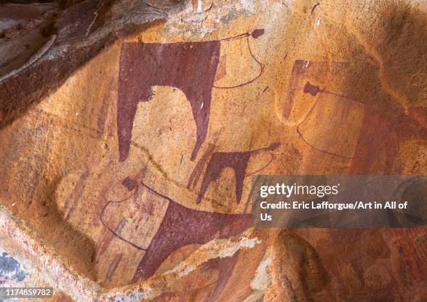 Cave paintings and petroglyphs depicting cows, Woqooyi Galbeed, Laas Geel, Somaliland on August 5, 2019 in Laas Geel, Somaliland.