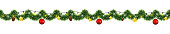 Christmas garland of mistletoe tinsel with festive light and decorations of golden stars and pine cones