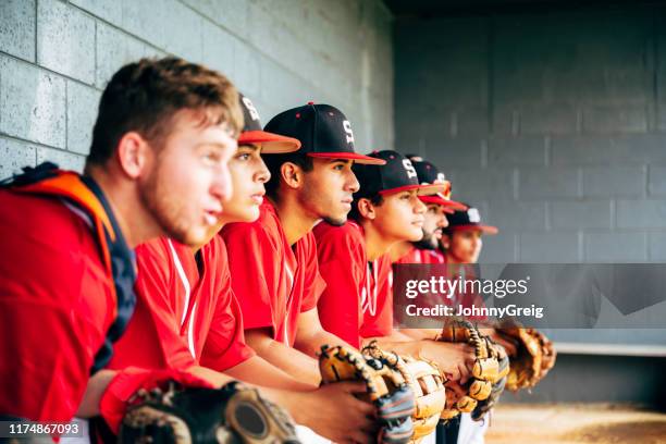 baseball-teammitglieder sitzen in dugout konzentriert auf spiel - baseball team stock-fotos und bilder