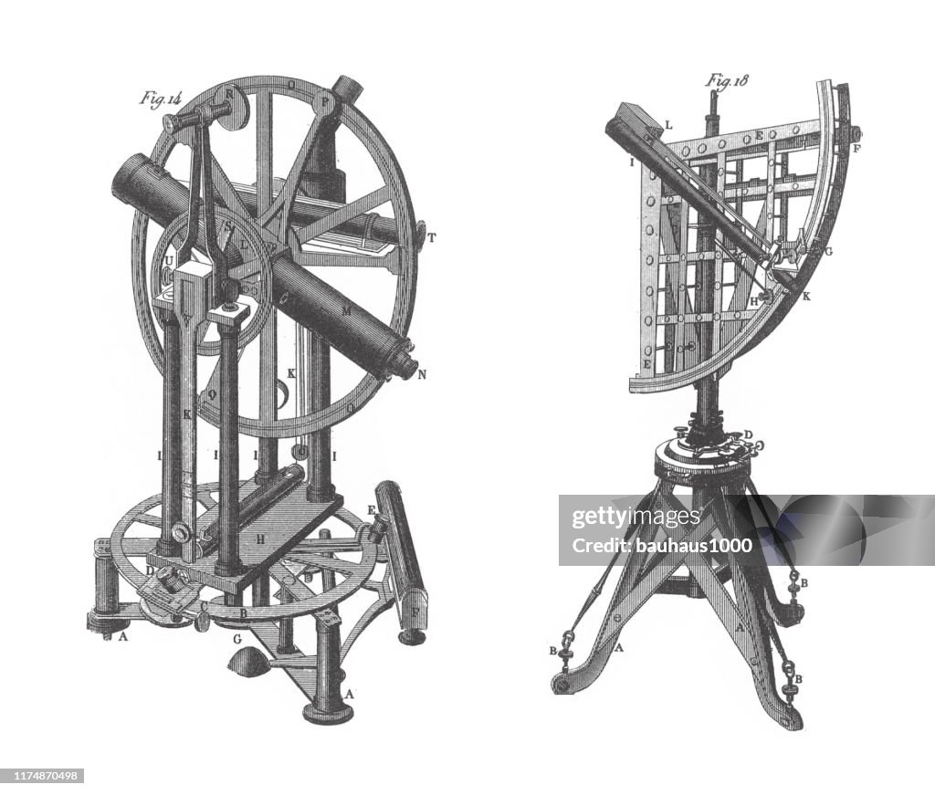 Dolland's Repeating Circle and Troughton's Quadrant, Astronomical Instruments Engraving Antique Illustration, Published 1851