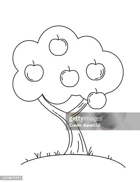 cute children's farm coloring book page - apple tree - tree-coloring-page stock illustrations