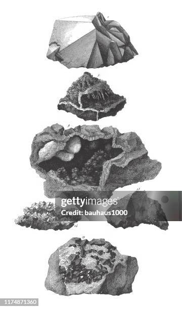 quarz, faserige braunhämatit, asbest, stilbite, zinnerz in granit, mineralien und ihre kristallinen formen gravur antike illustration, veröffentlicht 1851 - asbestos stock-grafiken, -clipart, -cartoons und -symbole