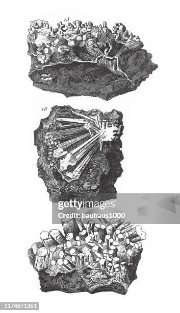 stalactite, arragonite and calcareous spar, minerals and their crystalline forms engraving antique illustration, published 1851 - topaz stock illustrations
