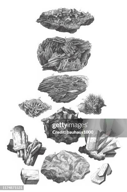 ilustrações, clipart, desenhos animados e ícones de sulfato de baryta, sulfato de amônia, copperas, strontianite, alum, sulfato de zinco, rocksalt, fosfatos de álcalis, minerais e suas formas cristalinas gravura antiga ilustração, publicado 1851 - alumínio